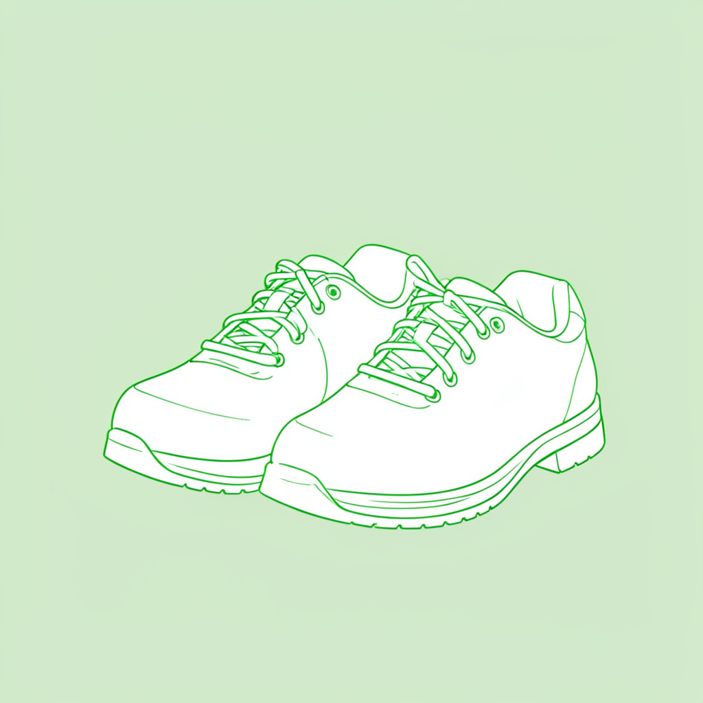 Dessin au trait minimaliste d'une paire de chaussures de marche sur un fond vert pâle